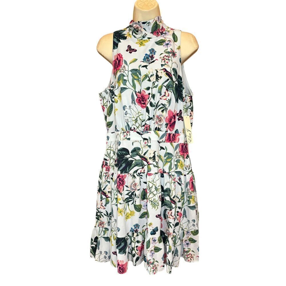 Eliza J White Floral with Butterflies Tie Neck Dress NWT Size 14